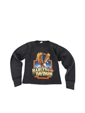 Vintage 80s Harley Davidson 3D Emblem Eagle Logo Black Thermal Longsleev Shirt M